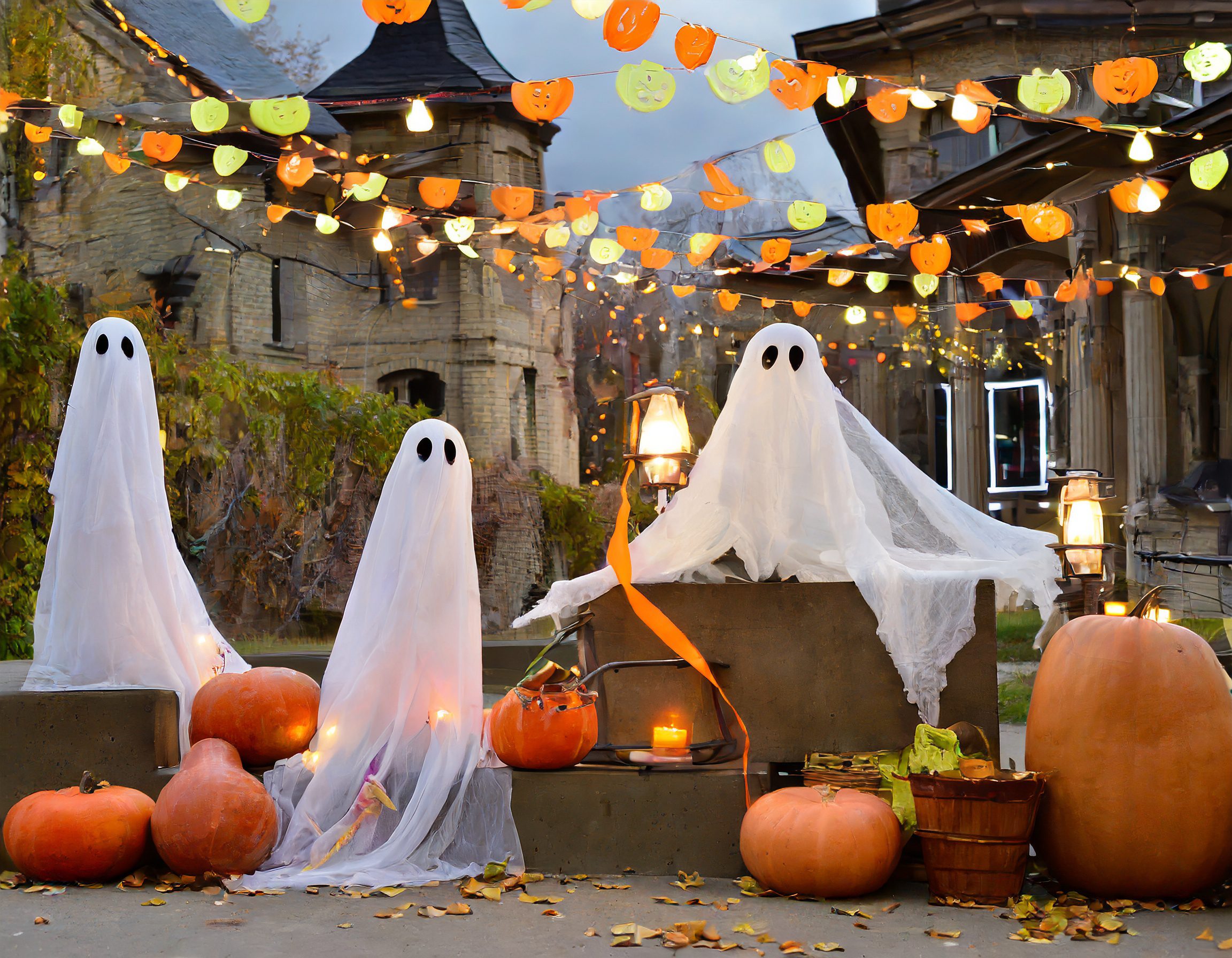 Firefly happy ghosts during autumn with huge pumpkins, lanterns and ribbons 25492