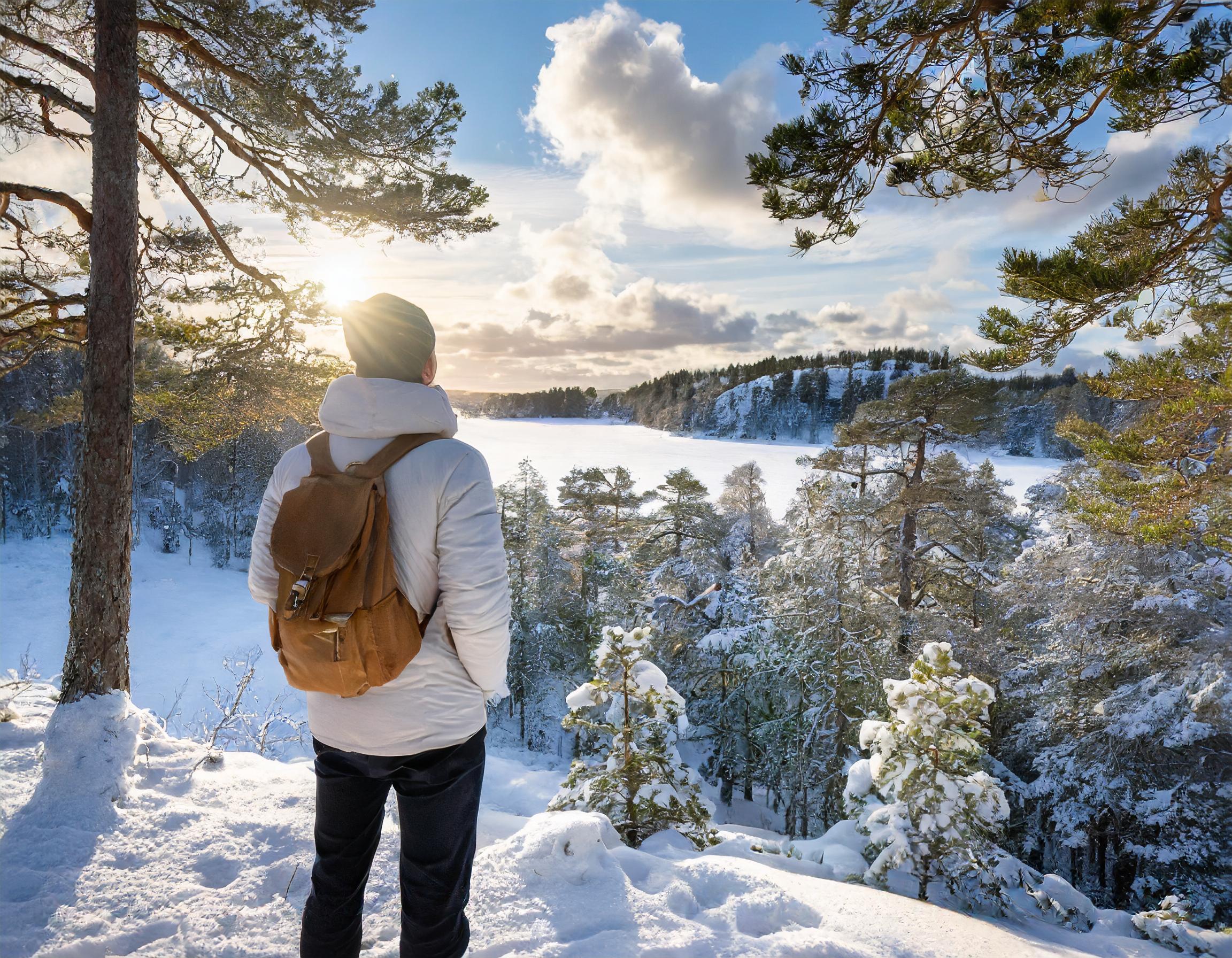 Firefly En person bakifrån som står och njuter i vacker skandinavisk naturmiljö på vintern 25662